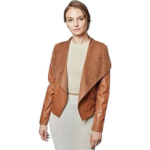 Escalier Faux Leather Brown Slim Open Front Lapel Blazer Jacket - Picture 1 of 8
